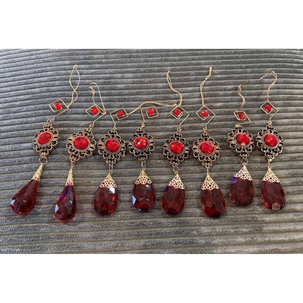 Garnet Red Crystal Victorian Style Ornaments Gold Tone‎ or Brass Finish Set of 8